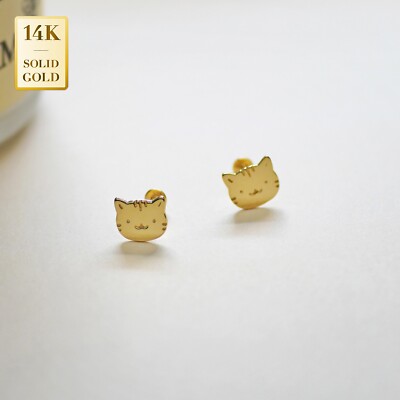 14K REAL Solid Gold Cute Kitty Cat Stud Piercing , Internal Thread 18Gauge