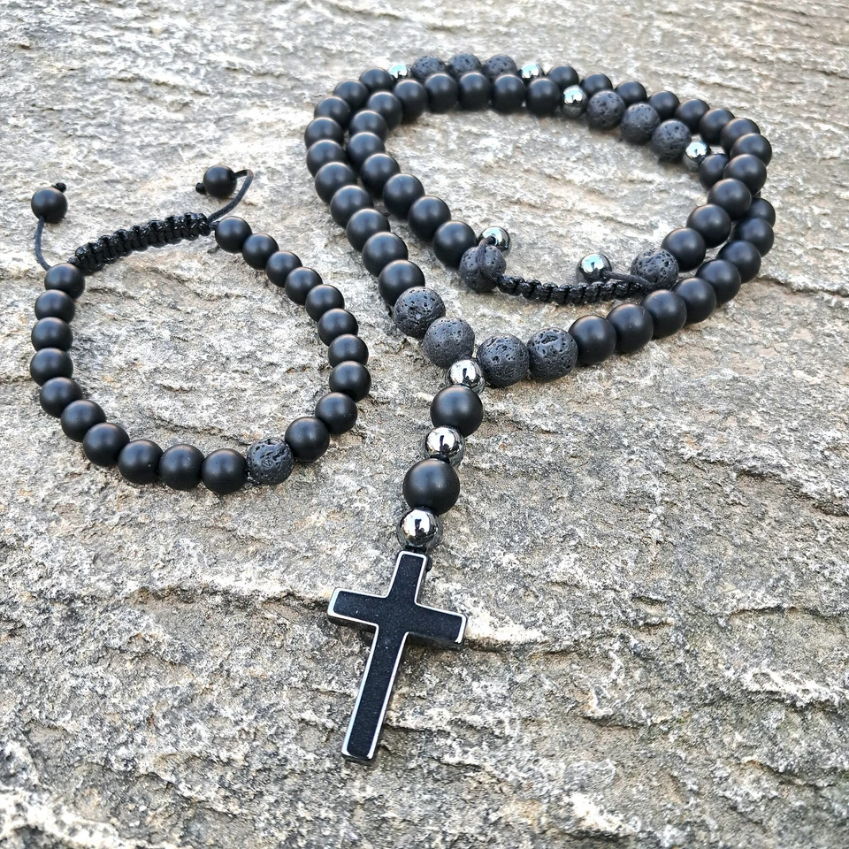 Set Halskette Armband Onyx Perlenkette Lavastein Herren Kette Gebetskette - Bild 4 von 4