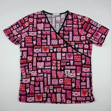 Cherokee V-Neck Scrub Top Shirt Hearts Pink Ribbon Women's Size XS