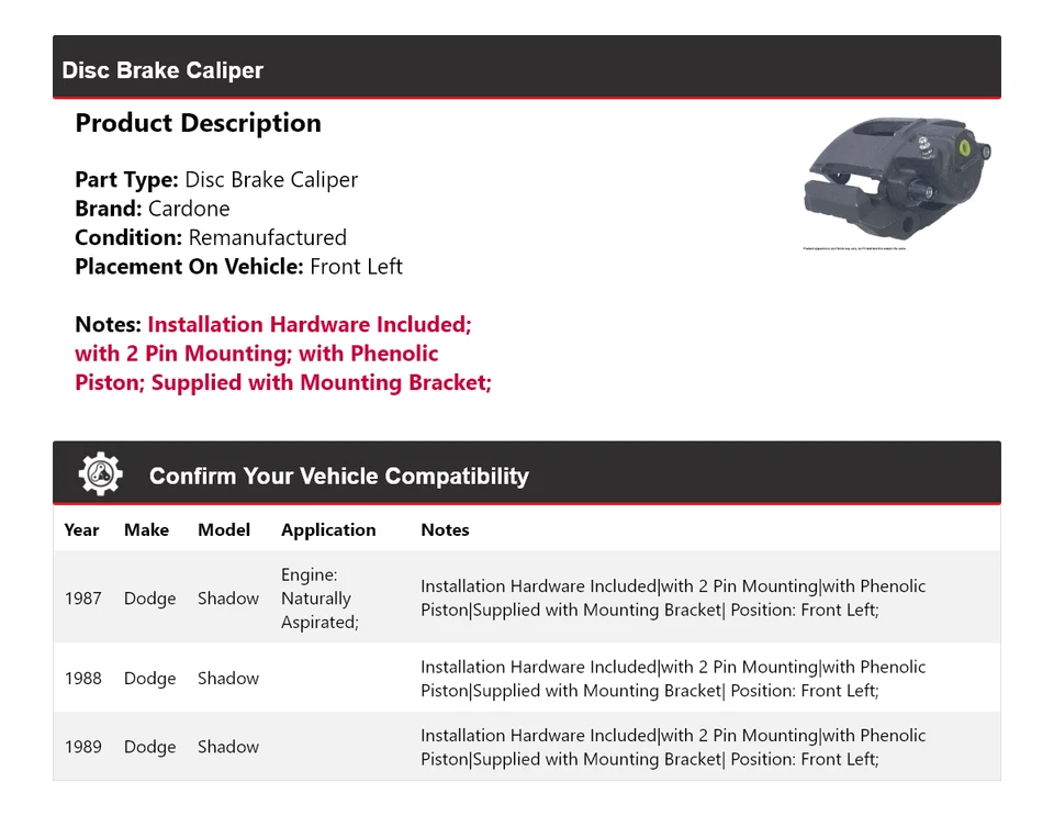 For 1987-1989 Dodge Shadow Disc Brake Caliper Front Left Cardone 1988 - Image 2 of 4