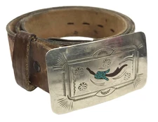 Vtg Chambers Tooled Leather Belt Southwestern Buckle Turquoise Silver Western 36