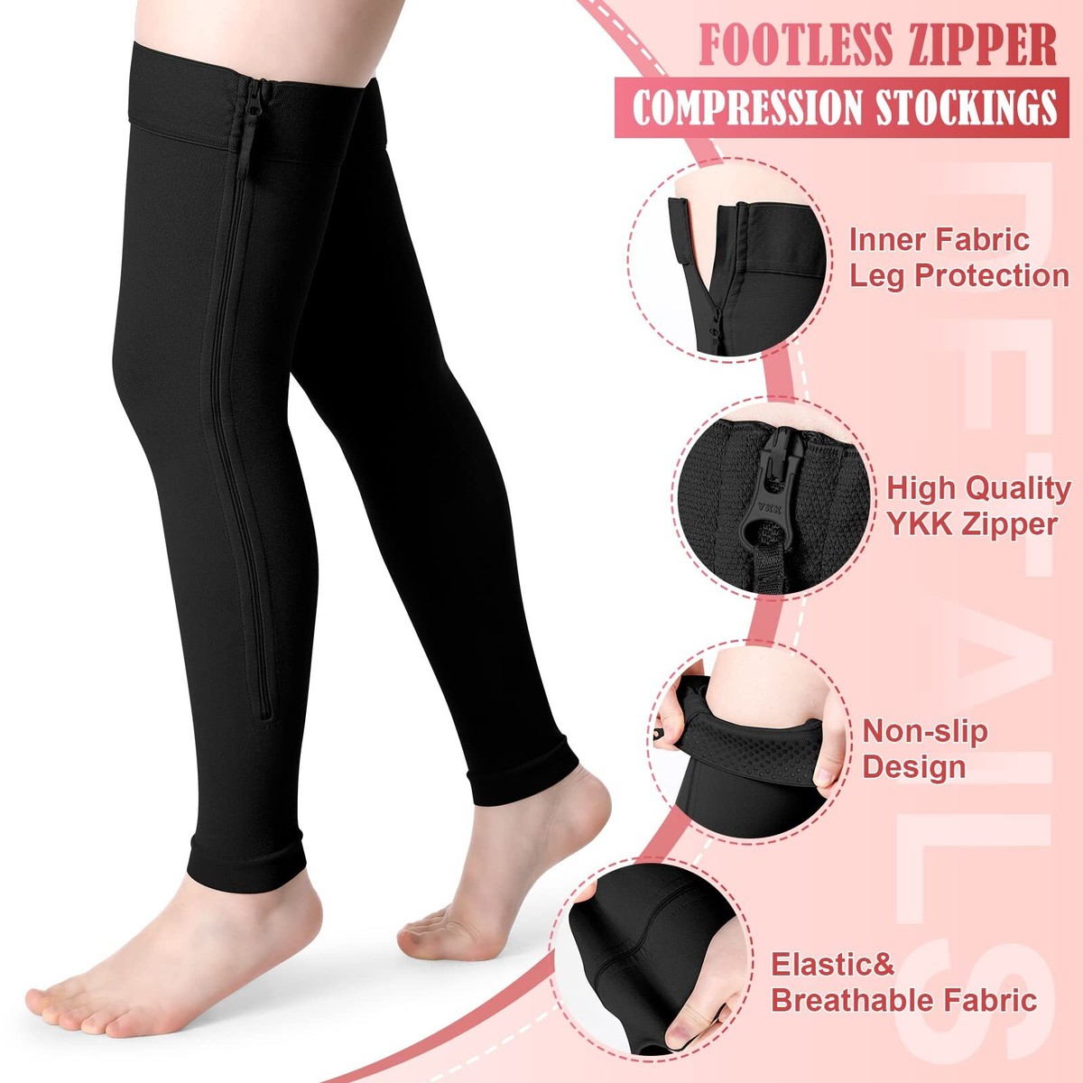Pair Zipper Compression Socks Thigh High 20-30 mmHg Footless