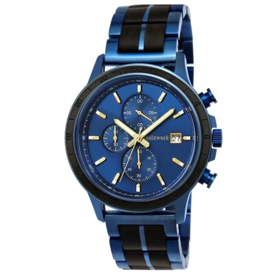 Holzwerk BLAUSTEIN Herren Holz Uhr Chronograph mit Datum, blau, schwarz, gold