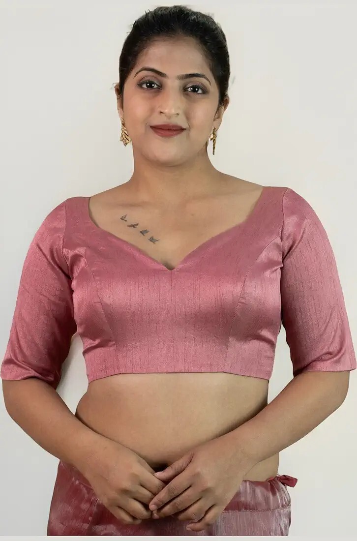 Sweetheart neckline dupion silk back open long sleeve sari top for party wear