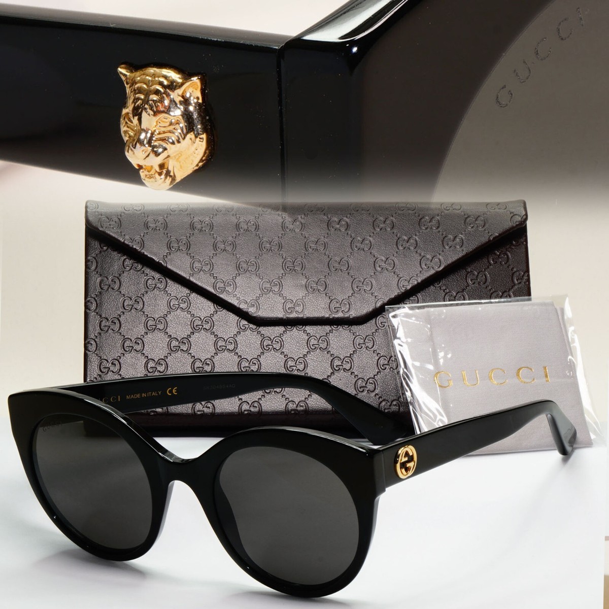 Gucci Sunglasses 2017 Black Gold Tiger Oversized GG 0028S 001 52mm