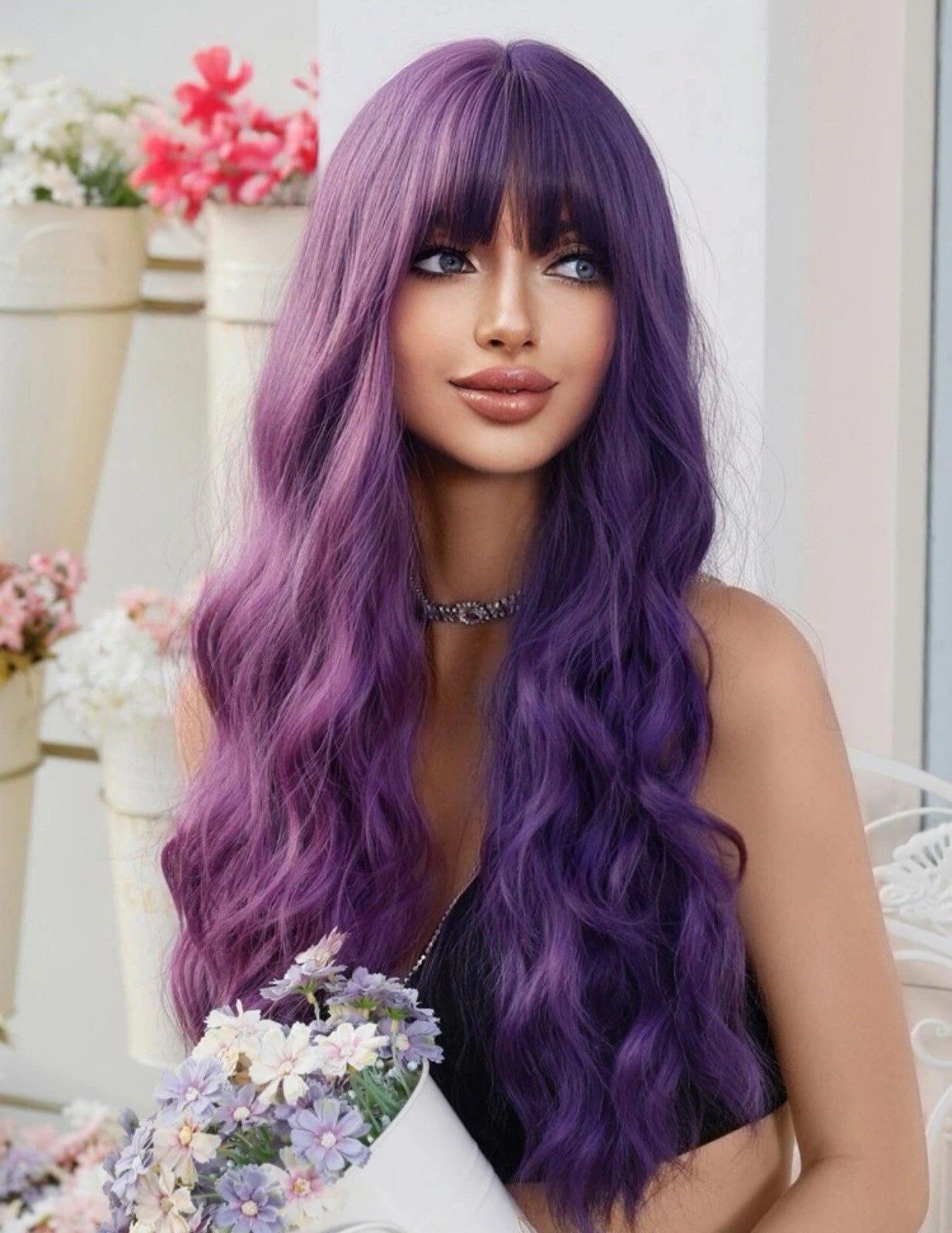 Perruque synthétique violette longue ondulée pour changer de style sans coloration