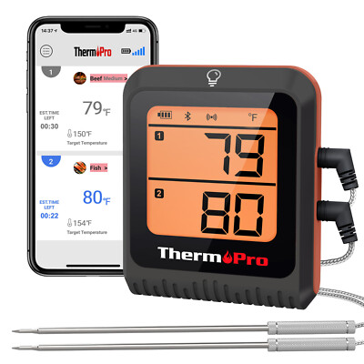 ThermoPro 500ft Bluetooth Meat Thermometer Wireless Grill 2 Probe Rechargeable