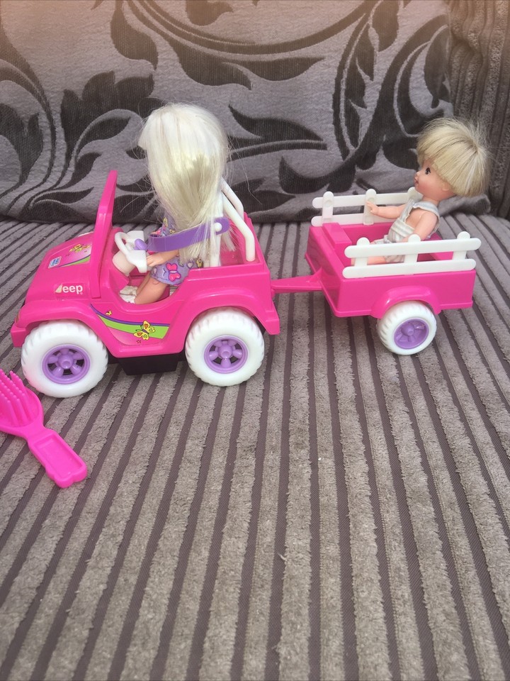 Barbie Shelly & Tommy Dolls + Power Wheels Pink Jeep Car & Trailer. EX