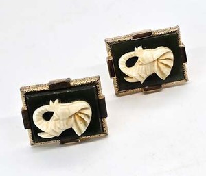Authentic Jade Carved Elephant good luck gold plated vintage lucky cufflinks