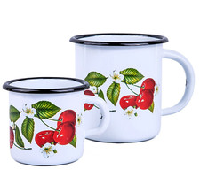 2 pc Cherry Enamel Mug Set Vintage Style Picnic Camping Sturdy Durable