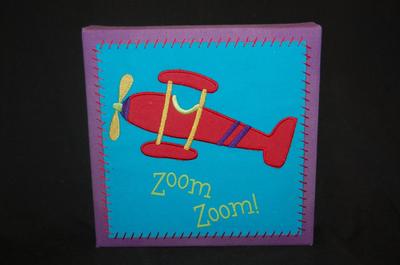  Boys Room Wall Plaque Stitched Airplane Zoom Zoom Yellow Blue Red 9'' x 9'' 