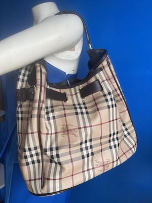 Burberry Women s Beige Checkered Shoulder Bag Leather Strap Buckle Silver