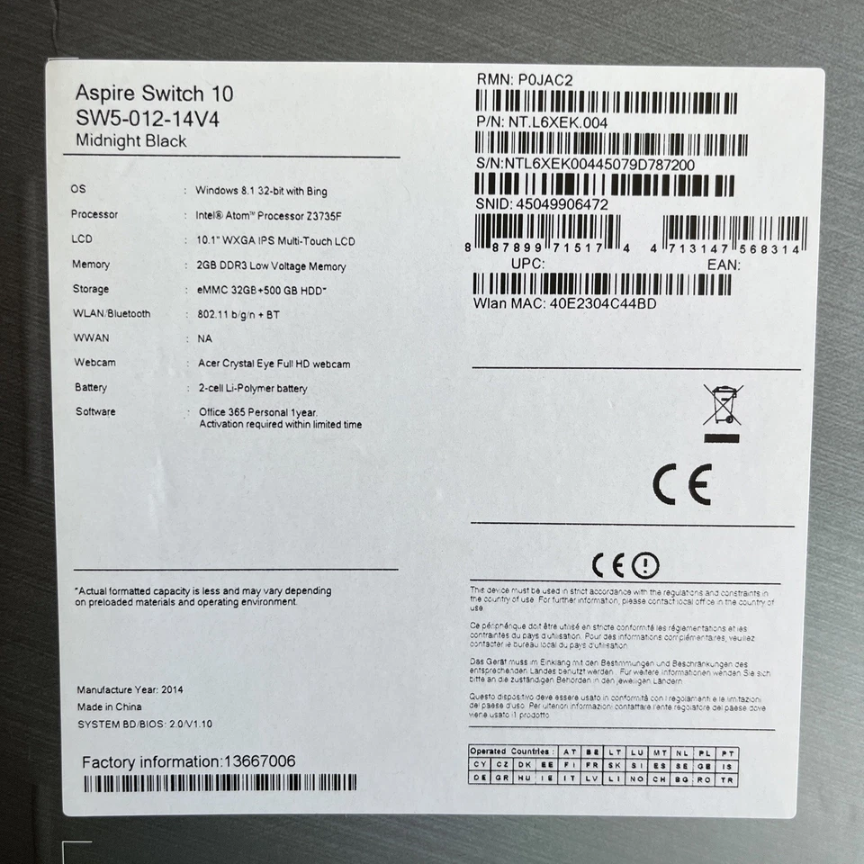 BRAND NEW Acer Aspire Switch 10 SW5-012-14V4 2 in 1 Laptop - Image 3 of 4