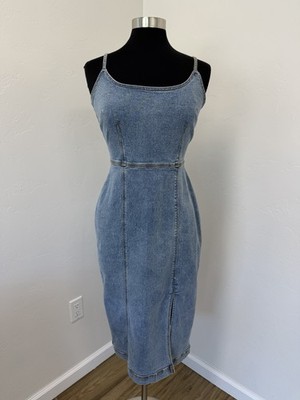 Steve Madden Giselle Scoop Neck Blue Denim with Side Slit Midi Slip Dress Size 6