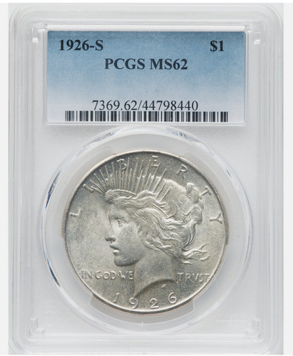 :1926-S 1$ SILVER PEACE DOLLAR SPOTLESS PCGS MS62 CLEAR &: BRIGHT HIGHER-GRADES