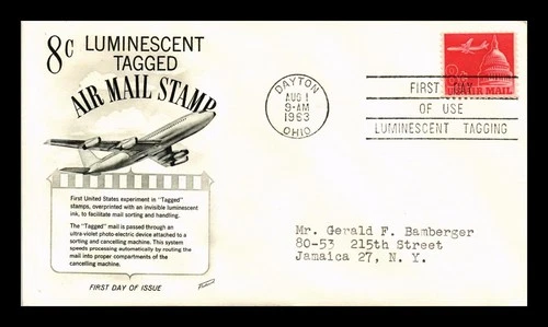US COVER LUMINESCENT TAGGED 8C AIR MAIL FIRST DAY OF USE FLEETWOOD