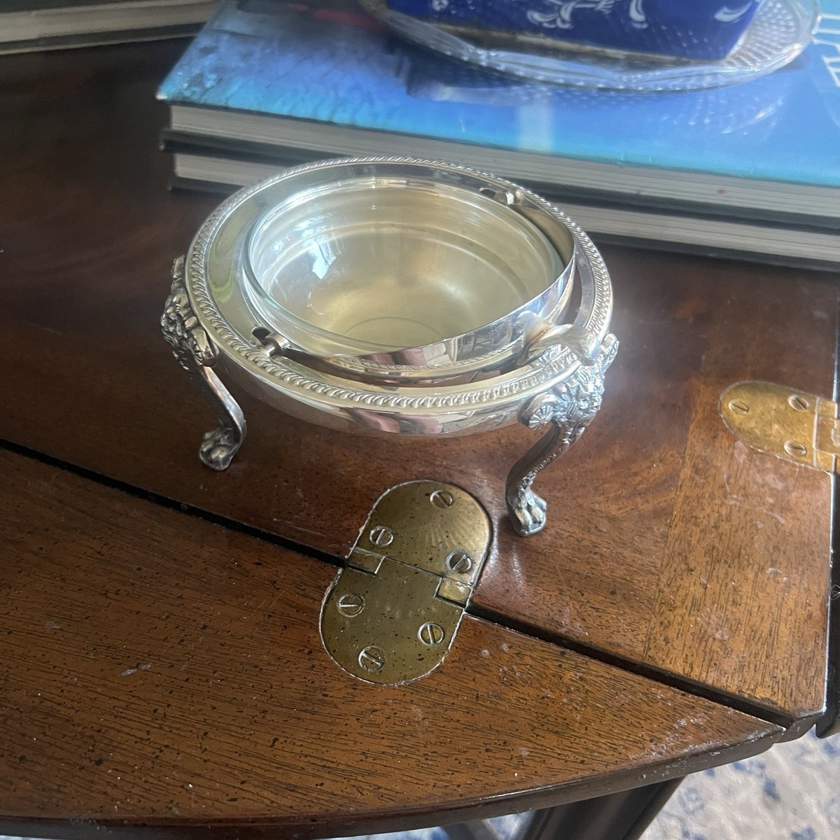 Vintage Silver Plate Roll Top Lid Caviar Butter Dish Server Lion
