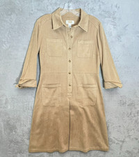 Talbots Petites Faux Suede Shirt Dress Tan Button Front Midi Size 4