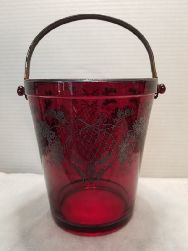 Vintage Ruby Red Depression Glass Ice Bucket With Sterling Overlay