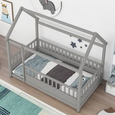 Twin Size House Bed, Wooden Floor Bed Frame with Roof for Toddlers Grey
