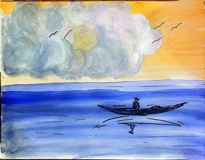 Boater On The Water Contemporary Expressionist Original Multimedia Painting 9x12
