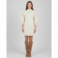 ASOS Womens Sweater Dress Mini High Neck Puff Sleeves Cream Cable Knit - US Sz 4