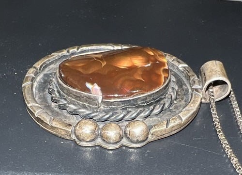 Sterling Fire Agate Pendant Necklace Vintage - Picture 5 of 22