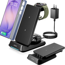 3 in 1 Charging Station for Samsung, Wireless Charger for Thick Cases, Foldable