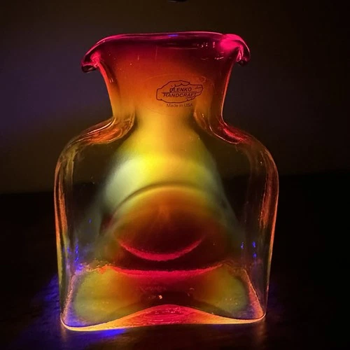 Blenko Tangerine Amberdine Glass Water Bottle Vase 2014 UV Glow