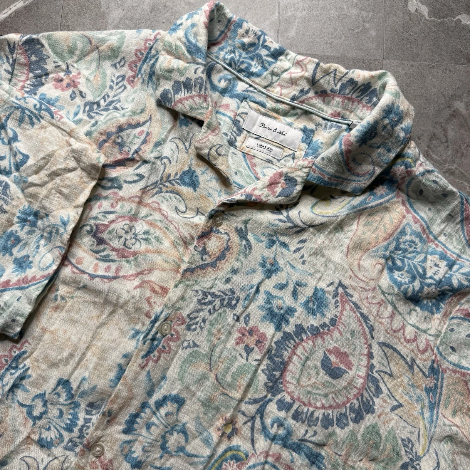 Porter & Ash Linen Blend Floral Print Button Down Summer Beach Shirt Large