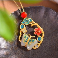 Gold Plated Vintage Natural Hetian White Jade Butterfly Hollow Necklace Women