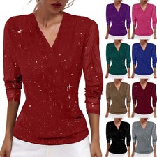 Womens Sparkly Sequins V Neck Tops Blouse Long Sleeve Party T Shirts Blouse 8-20
