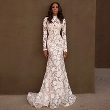 Boho Mermaid Wedding Dresses High Neck Long Sleeves Lace Floral Bridal Gowns