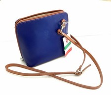 Vera Pelle Italy Small Cognac Brown Blue Leather Crossbody Messenger Bag New WT