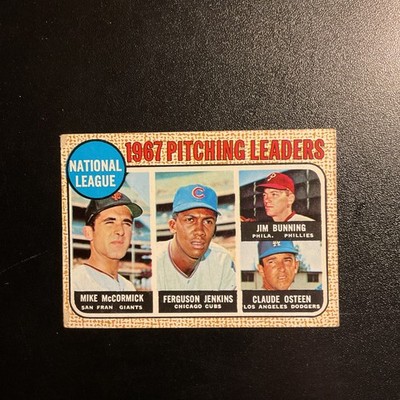 1968 Topps NL Pitching Leaders HOF Fergie Jenkins & Jim Bunning, C Osteen #9 EX-
