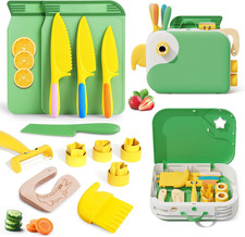 Kids Kitchen Knife Set for Real Cooking with Storage Box Green, Montessori Kitch