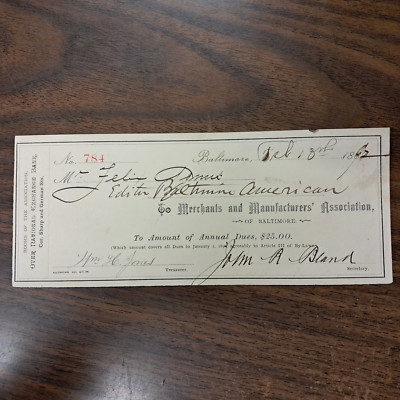 1892 Merchants and Manufacturers Association Annual Dues Check Baltimore