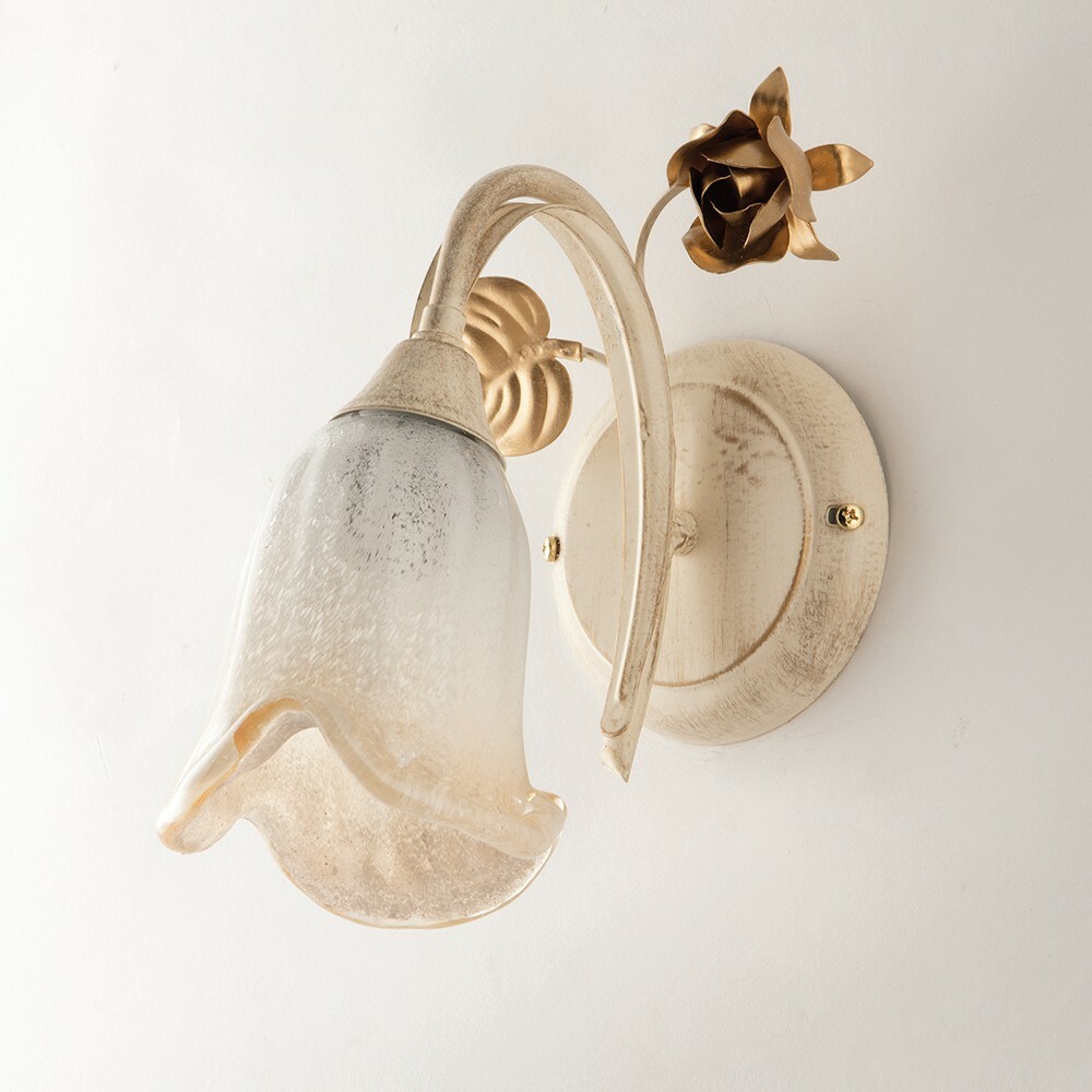 Cestino applique in ferro laccato avorio con decorazione oro chiaro e vetri bian