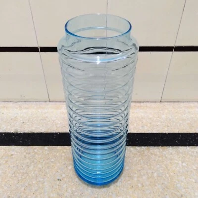 Turquoise Blue Cylindrical Glass Vase W 47 Ribbed Pattern Tall