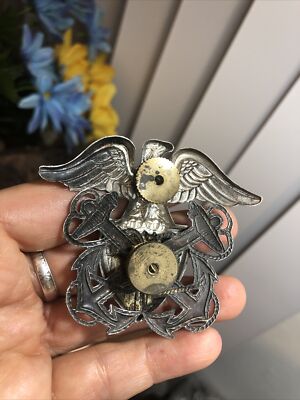 925 Sterling Silver WWII Eagle Shield Crossed Anchor Double Screw