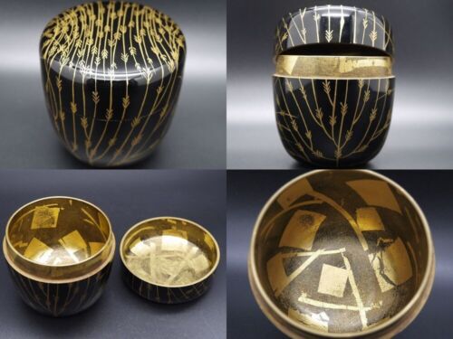 Japanese Lacquer Wooden Tea caddy Natsume w/ Mebari-Willow maki-e Gold leaf 507 - Picture 1 of 18
