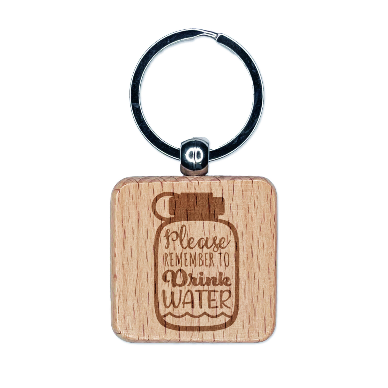 Please Remember to Drink Water Bottle Engraved Wood Square Keychain Tag Charm