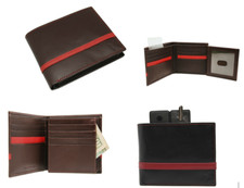 Wholesale Lot of 24 Men's RFID Leather Bifold Wallet for Men in Red Strip Trim