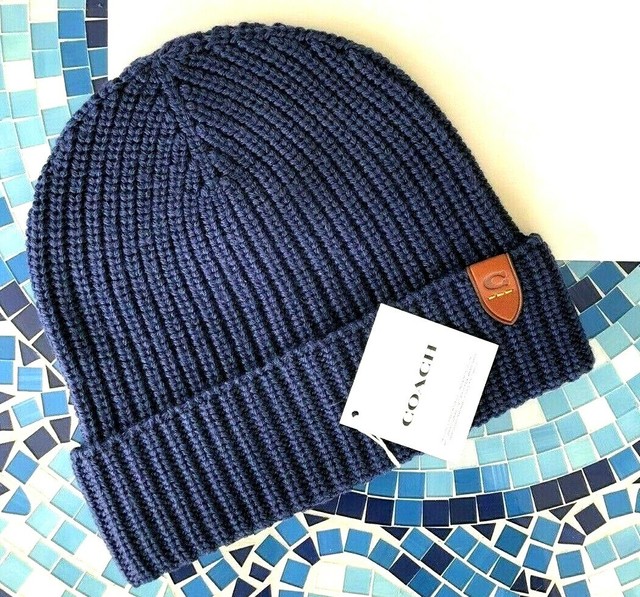 Coach Rib Knit Wool Beanie Hat Navy 