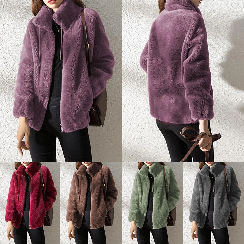 Womens Fleece Fluffy Stand-up Collar Coat Ladies Solid Zip Up Pocket Jacket To - Image 4 of 4
