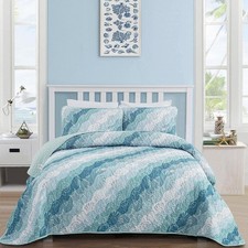 Dinjoy Summer Coastal Quilt Set King Size, Blue Green Ocean Beach Themed Bedd...