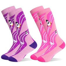 Kids Merino Wool Ski Socks 2 Pairs Boys Girls 7-12 Years 01 Pink purple