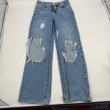 Forever 21 Premium Wide Leg Distressed Jeans Womens 25 Blue High Rise Ripped