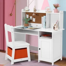 Kids White Desk Chair Set Wooden Study Table w/Cabinet,Shelf,Bulletin Board,Bin