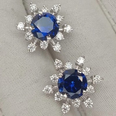 4.60 ct Round Cut Natural Sapphire Diamond Stud Earring 14K Solid White Gold